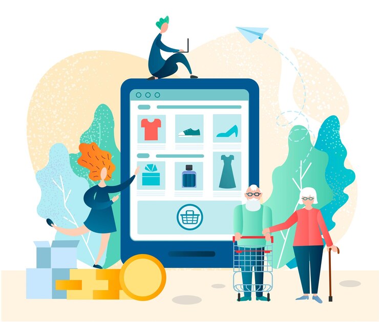 Vector una pareja de ancianos hace compras en línea en una tienda en línea usando aparatos electrónicos
