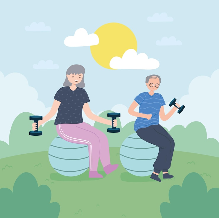 Vector pareja de ancianos haciendo ejercicio