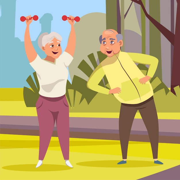 Pareja de ancianos haciendo fitness pareja de ancianos esposa y esposo en personajes de dibujos animados de ropa deportiva Retiro activo estilo de vida saludable personas mayores felices hacen ejercicios físicos al aire libre