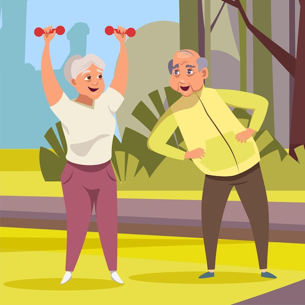 Vector pareja de ancianos haciendo fitness pareja de ancianos esposa y esposo en personajes de dibujos animados de ropa deportiva retiro activo estilo de vida saludable personas mayores felices hacen ejercicios físicos al aire libre