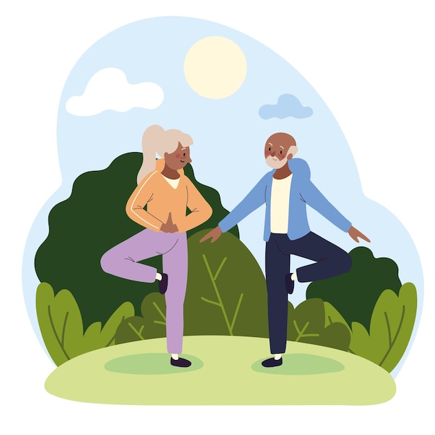 Vector pareja de ancianos haciendo yoga