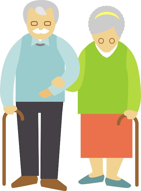 pareja de ancianos, hombre y mujer, con, bastón, ambulante