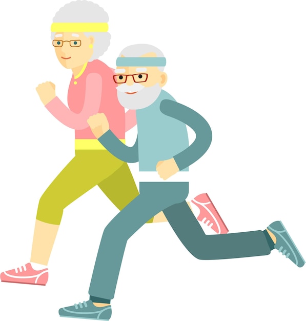 Pareja de ancianos Hombre y mujer Jogging Deportes Ejercicios Estilo plano