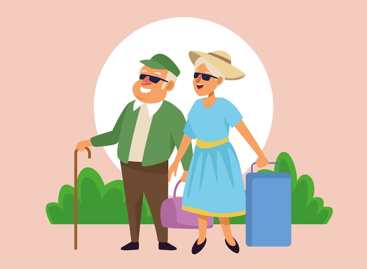 Vector pareja de ancianos con maletas en el campamento personajes de personas mayores activas.