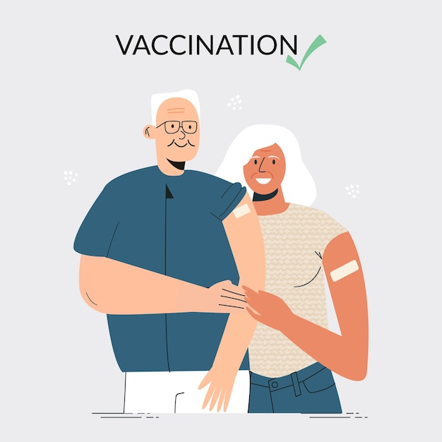 Vector pareja de ancianos mayores después de la inyección de la vacuna. hora de vacunar concepto de vacunación. afiche de las empresas sociosanitarias. abuelos con vendaje en el hombro. ilustración vectorial plana