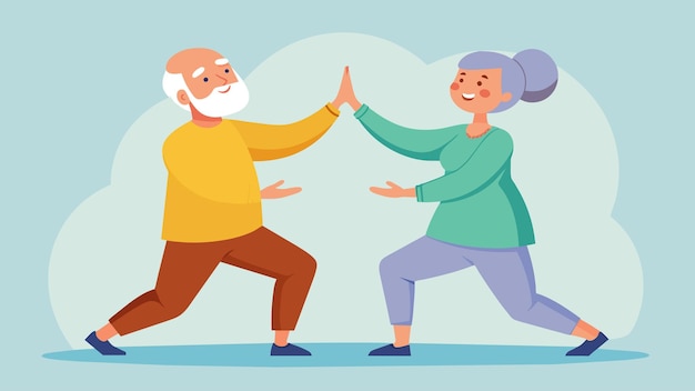 Vector una pareja de ancianos participando en el qigong de pareja apoyándose y conectándose entre sí mientras