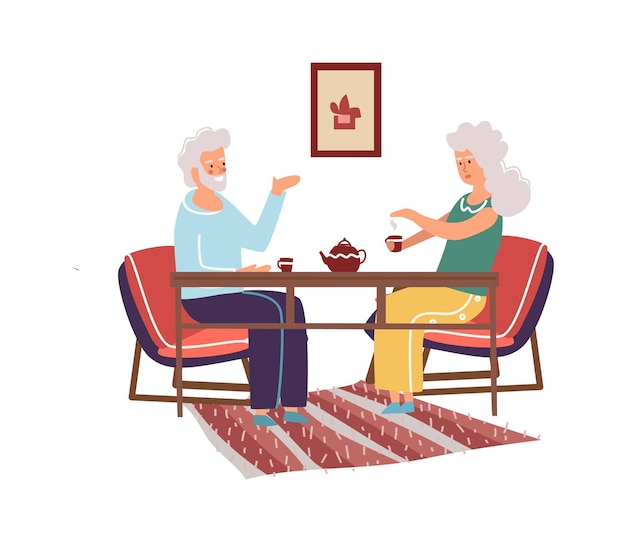 Pareja de ancianos pasando tiempo juntos personajes antiguos de dibujos animados descansando en un café hombre mayor y mujer bebiendo té familia sentada en la mesa y hablando conversación de abuelos vectoriales