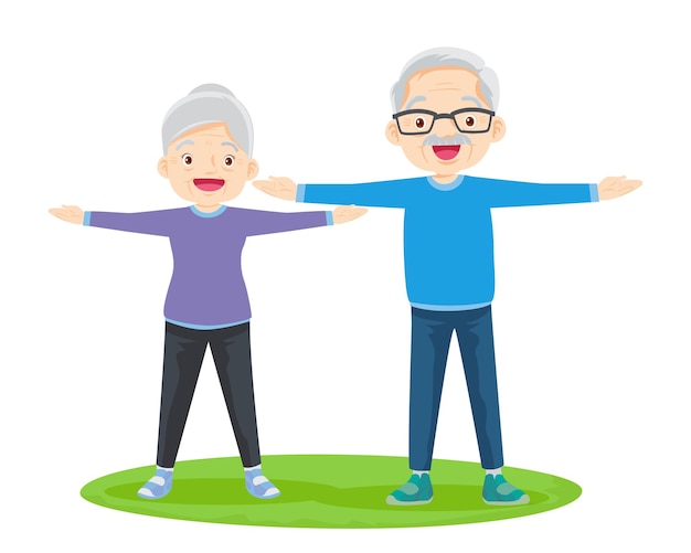 Vector pareja de ancianos practicando yoga abuelos activos haciendo ejercicios deporte pareja de ancianos