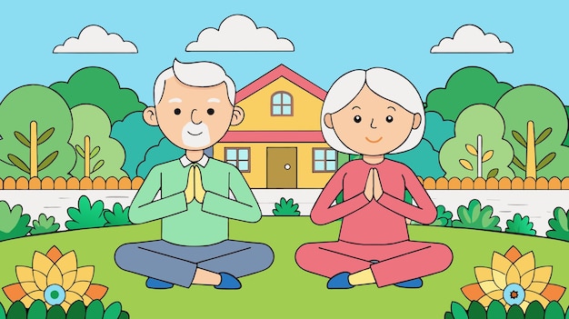 Una pareja de ancianos practicando yoga juntos delante de su casa