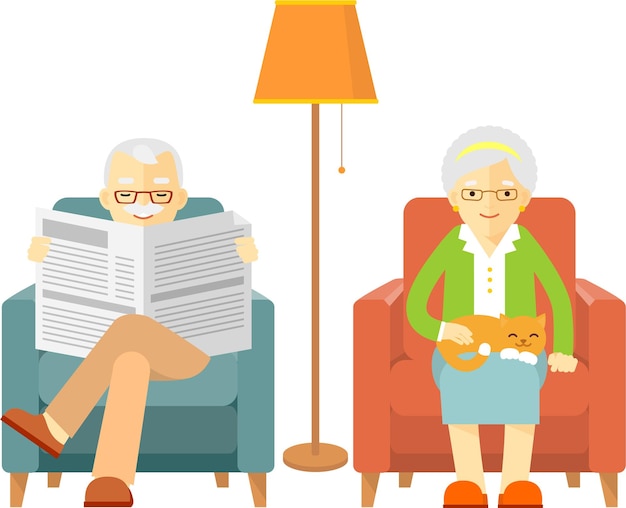 pareja de ancianos sentados en sillones hombre leyendo periódico mujer acariciando gato