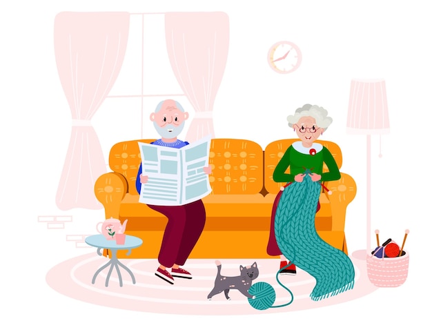 La pareja de ancianos se sienta en la habitación. Edredón de punto mujer senior de yarda. Hombre de edad feliz lee el periódico.