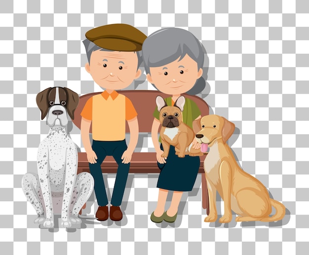 Vector pareja de ancianos con sus perros aislados en transparente