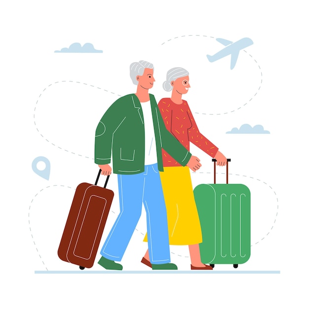 Una pareja de ancianos tomados de la mano en el aeropuerto una familia con equipaje esperando la salida