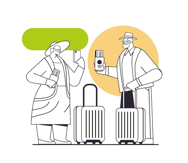 pareja de ancianos de turistas abuelos con pasaportes de equipaje y boletos listos para embarcar en vacaciones en el aeropuerto ilustración vectorial lineal