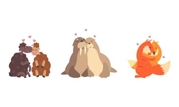 Una pareja de animales enamorados abrazándose el uno al otro conjunto vectorial