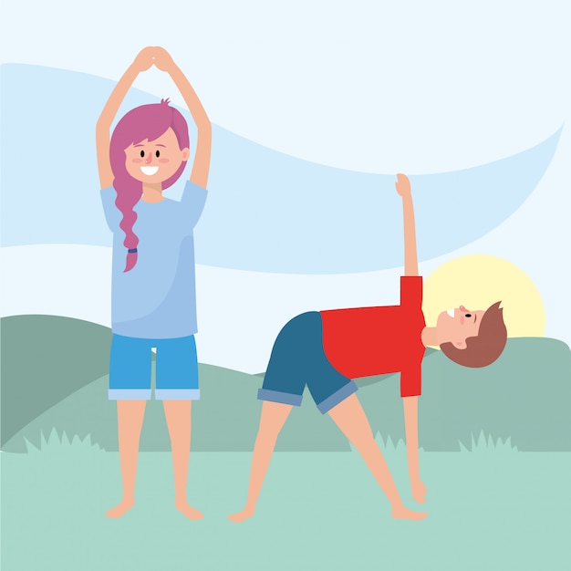 Pareja apta practicando yoga