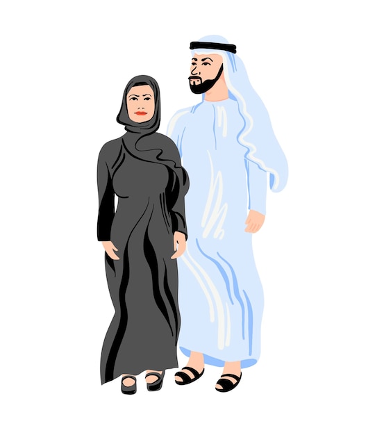 Pareja árabe de tradición musulmana vistiendo abaya y estilo plano de abrigo largo