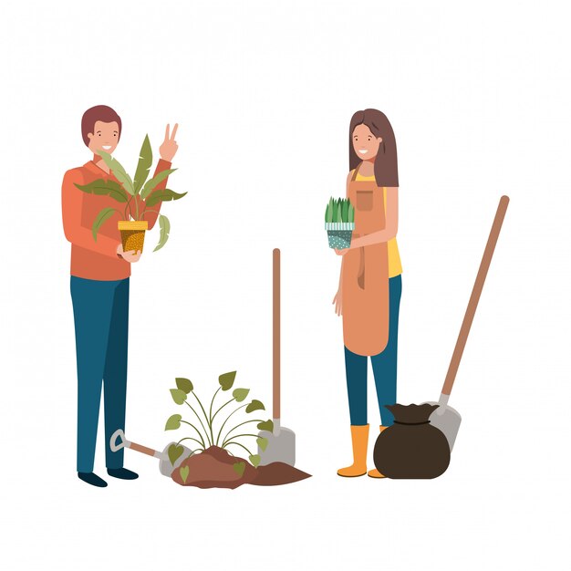 Pareja con árboles para plantar personajes de avatar