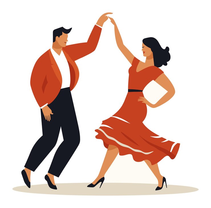 Vector una pareja bailando salsa con ropa elegante, un hombre y una mujer latinos realizan movimientos de baile, un baile apasionado.