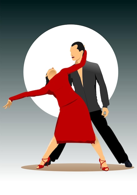 Vector pareja bailando un tango vector ilustración 3d a mano dibujada a color