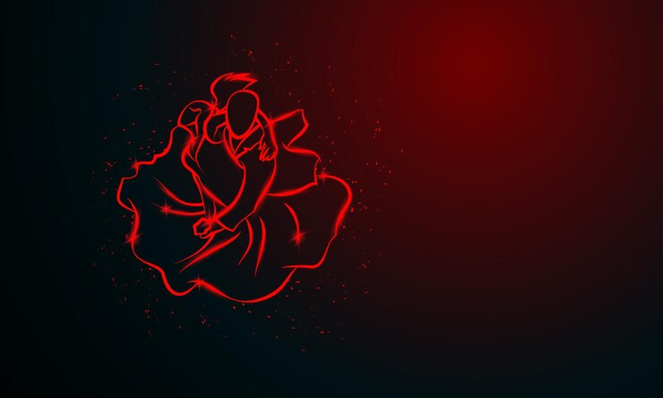 Vector una pareja bailando tango vista superior pancarta de neón roja vectorial con espacio para copiar