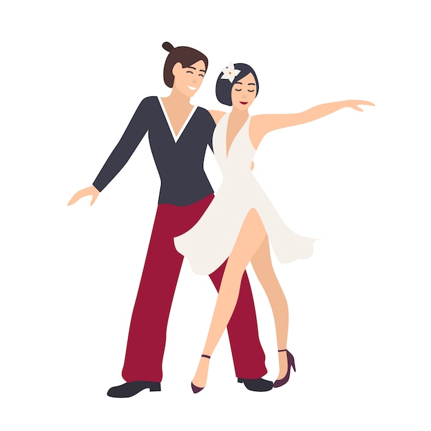 Pareja de bailarines vestidos con ropa elegante que demuestra la figura de salsa. par de hombre y una mujer jóvenes realizando danza apasionada aislado