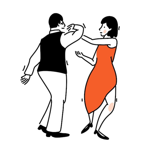 Pareja de baile romántico. mujer con elegante vestido rojo y hombres con chaleco negro. ilustración de tango, arte de esquema de vector de baile social.