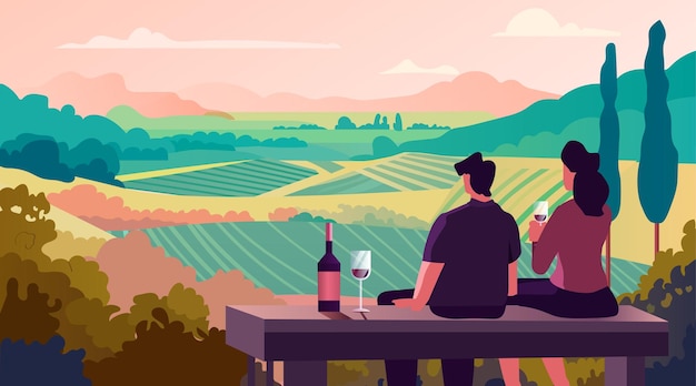 Una pareja bebiendo vino y disfrutando de la vista del paisaje de las costas de los prados verdes concepto de aventura de viaje de turismo de naturaleza