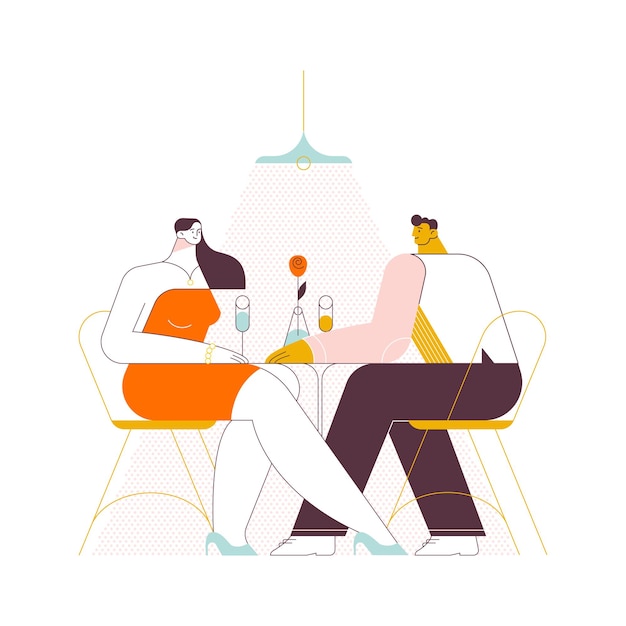 Pareja bebiendo vino en la mesa Ilustración vectorial en estilo plano