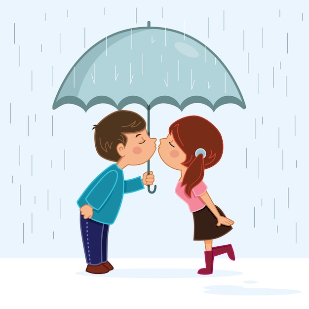 Vector pareja besándose bajo la lluvia