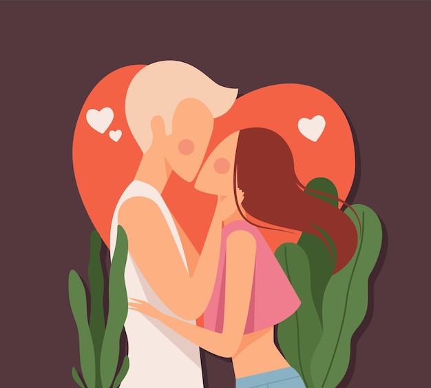 Pareja, beso, amor, cita, hombre, besó, mujer, en, corazón rojo, plano de fondo, verano, amoroso, vector, tarjeta