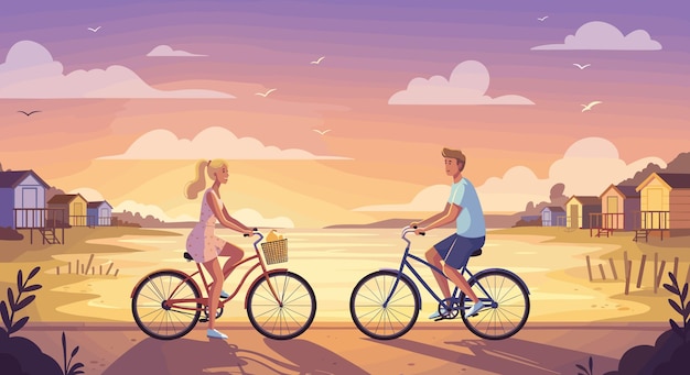 Una pareja en bicicleta en la playa al atardecer