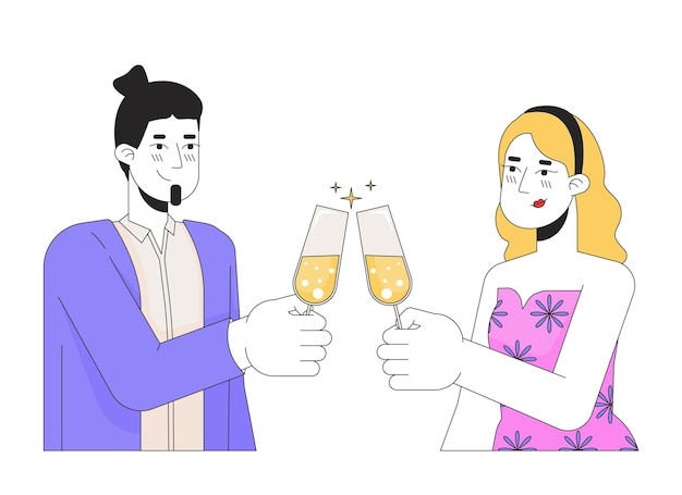 Pareja blanca caucásica tintineando vasos personajes de dibujos animados lineales 2D