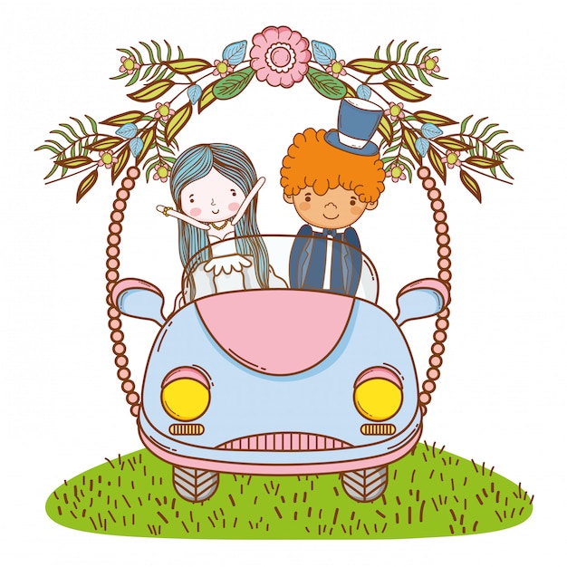 Pareja de boda en coche linda caricatura