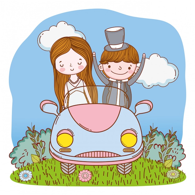 Pareja de boda en coche linda caricatura