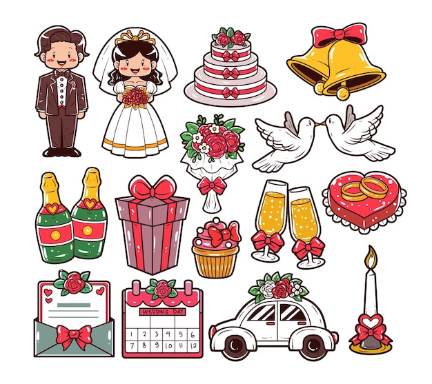 Pareja de bodas con conjunto de ilustraciones de vectores de elementos
