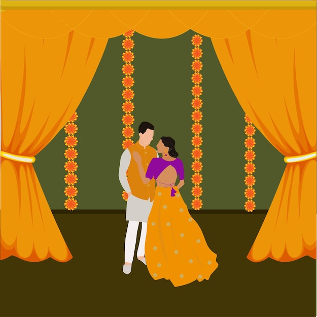 La pareja de bodas indias de la ceremonia Haldi retrato vectorial para la invitación Haldi