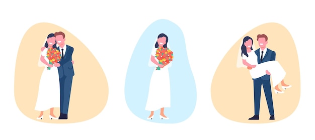 Pareja de bodas novia y novio besándose y abrazándose hombres y mujeres en vestidos y trajes personajes románticos recién casados lindos chica con ramo de dibujos animados estilo plano conjunto vectorial aislado