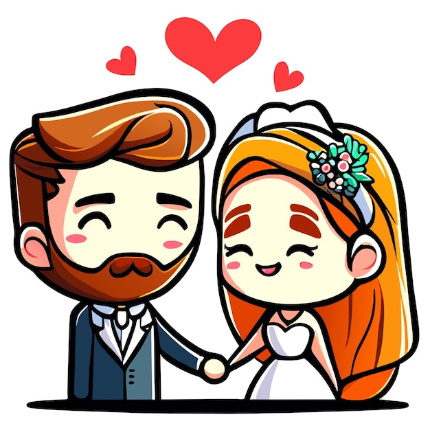 Vector pareja de bodas novia y novio retrato de amor dibujado a mano plano elegante pegatina de dibujos animados concepto de icono