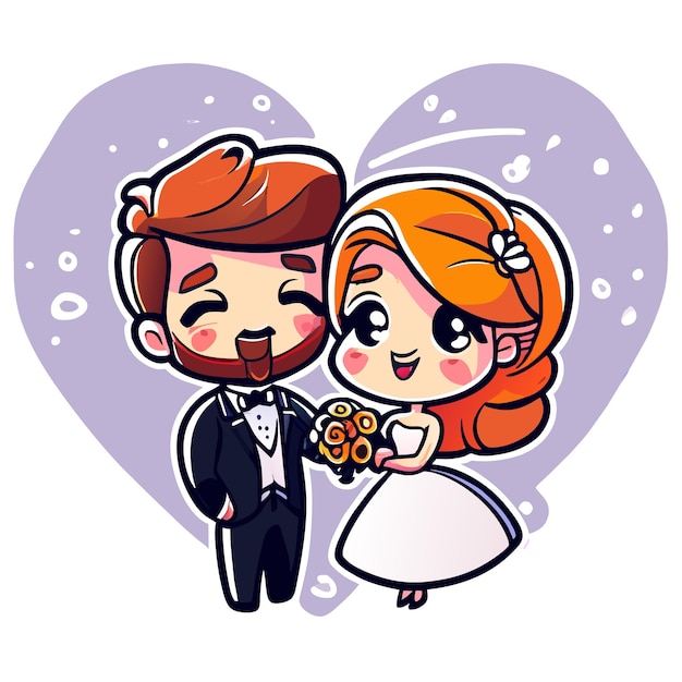 Vector pareja de bodas novia y novio retrato de amor dibujado a mano plano elegante pegatina de dibujos animados concepto de icono