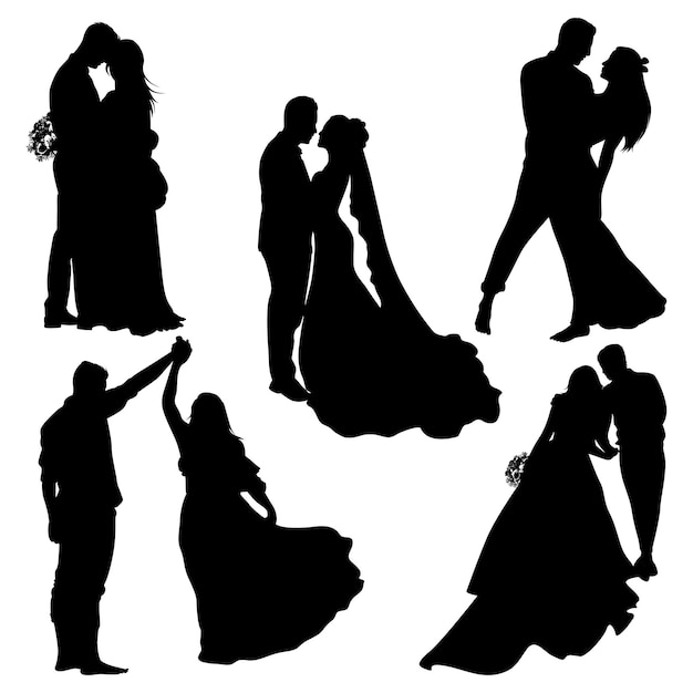 Pareja de bodas o novia y novio siluetas vector