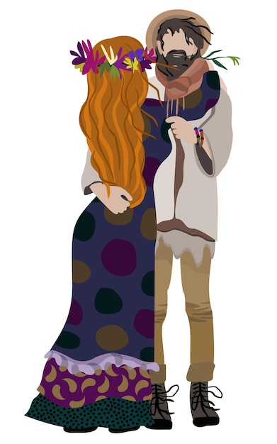 Pareja bohemia. Ilustración aislada vectorial de una pareja abrazada con atuendos boho. Mujer en colorfu largo