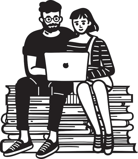 La pareja de Bookish Bliss inmersa en el trabajo de la computadora portátil complementada por Black Logo Vector Tech Savvy Serenity