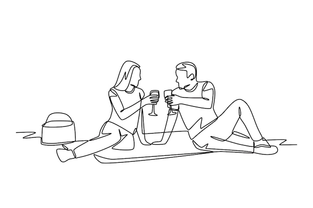 Pareja brindando en un picnic Picnic al aire libre concepto dibujo en línea