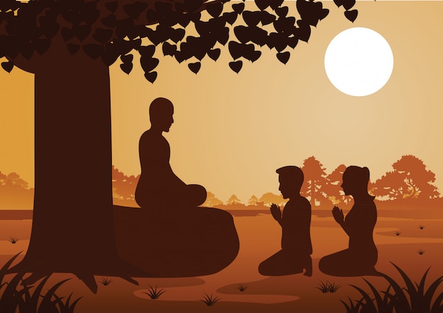 Vector pareja budista paga respeto a monje