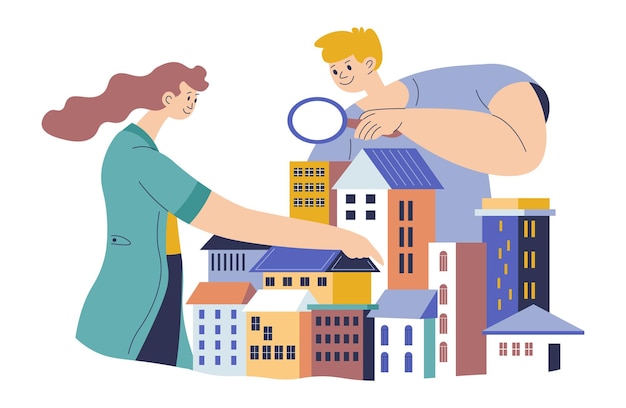 Pareja en busca de compra de vivienda, bienes raíces