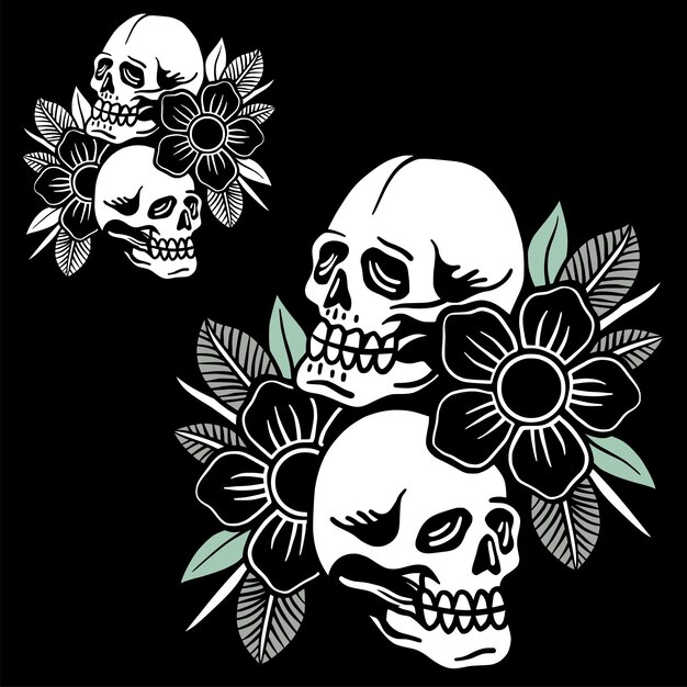 Vector pareja calavera flor dibujo a mano ilustración vintage