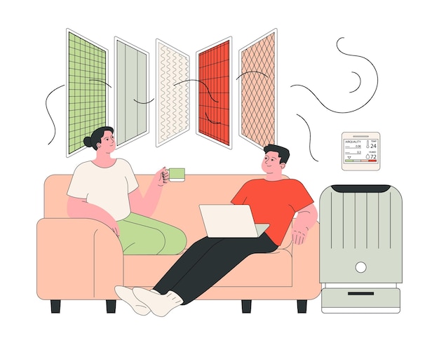 Una pareja de calidad del aire interior disfrutando de aire limpio relajándose en casa con un purificador de aire y un aire digital