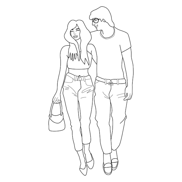 Pareja caminando en estilo lineal. Página para colorear. Hombre y mujer caminando juntos con los brazos alrededor.