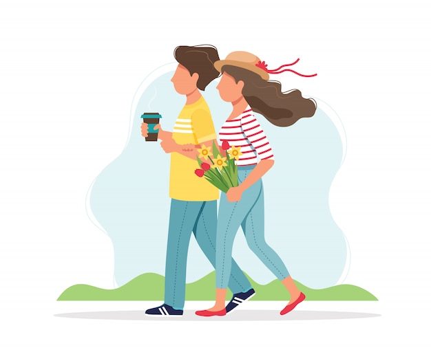 Pareja caminando con flores y café